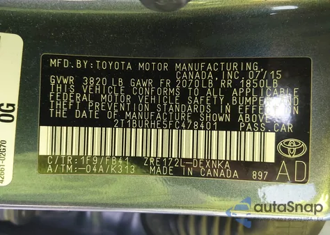 2015 Toyota Corolla Le z USA, uszkodzony, nr VIN 2T1BURHE5FC478401